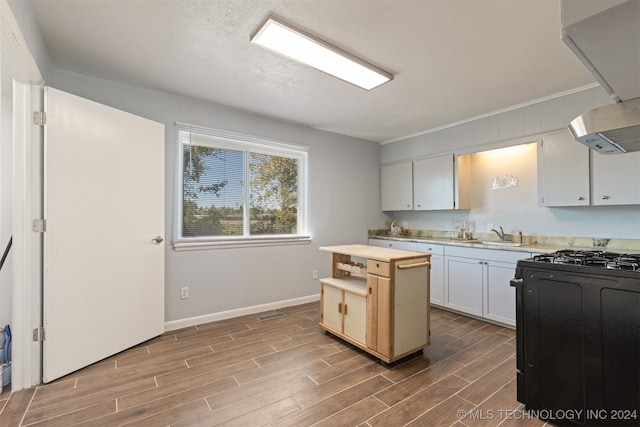 kitchen with white cabinets, sink, butcher block countertops, island exhaust hood, and hardwood / wood-style floors