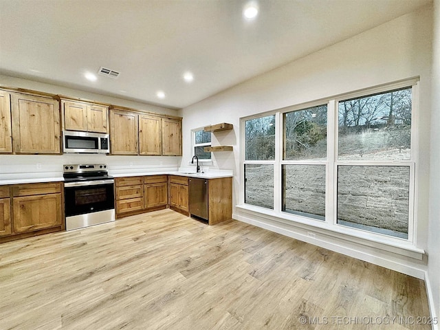 kitchen with sink, light wood-type flooring, a healthy amount of sunlight, and appliances with stainless steel finishes