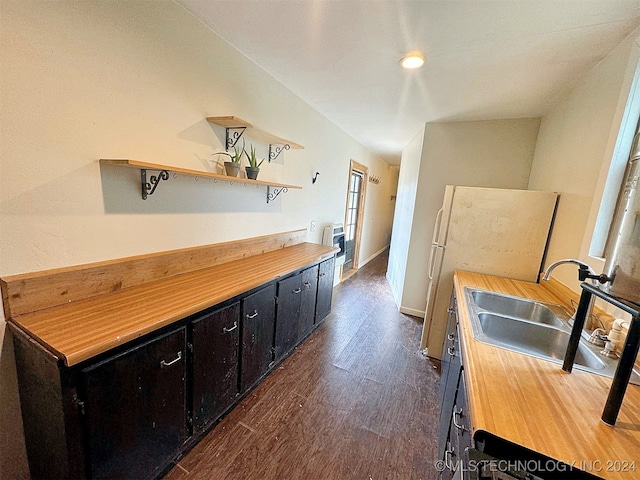 kitchen featuring butcher block counters, dark wood-type flooring, and sink