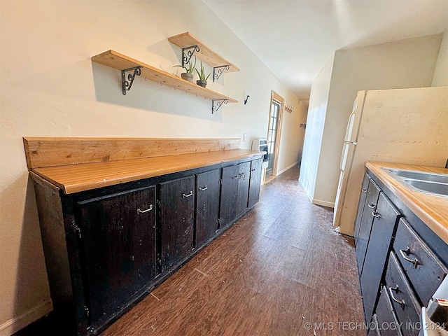 kitchen featuring dark wood-type flooring and wooden counters