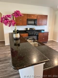 kitchen with gas stove, dark hardwood / wood-style floors, and sink