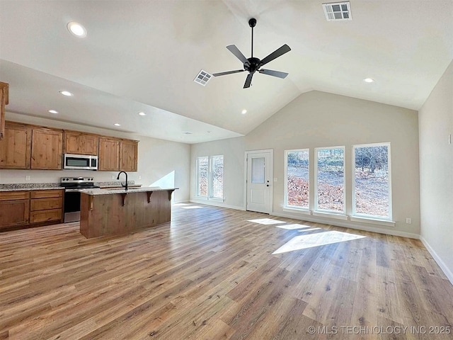 kitchen with stainless steel appliances, visible vents, light wood-style flooring, open floor plan, and a sink