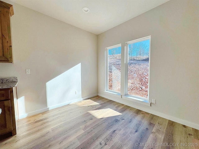 spare room featuring light wood-style flooring, a wealth of natural light, and baseboards