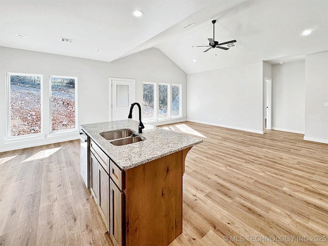 856 E Harlan Dr, Tahlequah, OK 74464 - kitchen with a sink, healthy amount of natural light, lofted ceiling, stainless steel dishwasher, and ceiling fan