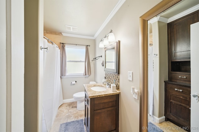 bathroom with vanity, tile patterned flooring, crown molding, toilet, and a shower with shower curtain