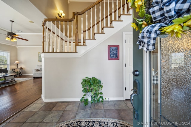 foyer entrance featuring ceiling fan, dark wood-type flooring, and ornamental molding