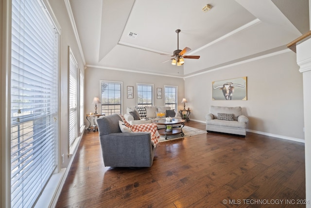 living room featuring a raised ceiling, crown molding, ceiling fan, and dark wood-type flooring