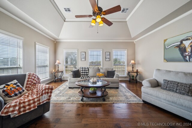 3691 E 390th Rd, Oologah, OK 74053 - living area featuring ceiling fan, a tray ceiling, ornamental molding, hardwood / wood-style floors, and baseboards