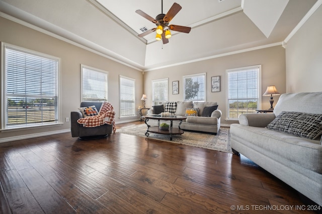 3691 E 390th Rd, Oologah, OK 74053 - living room featuring ceiling fan, hardwood / wood-style floors, healthy amount of natural light, baseboards, and crown molding