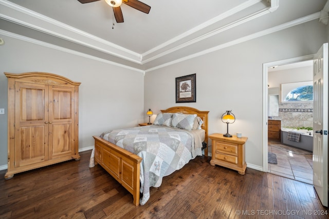 bedroom with ornamental molding, ceiling fan, and dark wood-type flooring