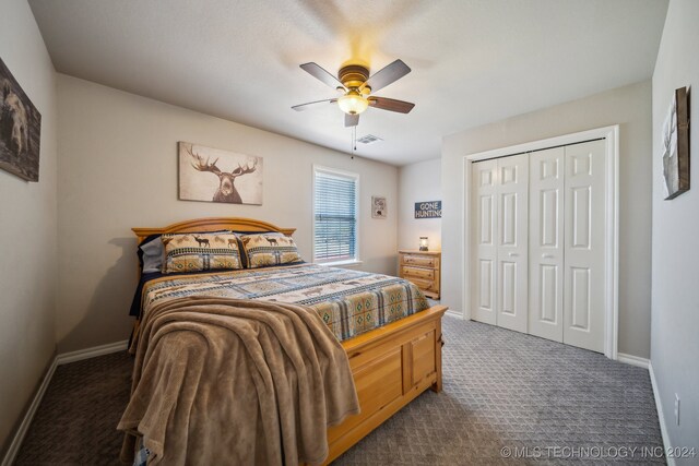 3691 E 390th Rd, Oologah, OK 74053 - carpeted bedroom featuring baseboards, a closet, and ceiling fan