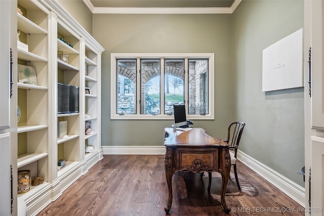 office space featuring crown molding and dark hardwood / wood-style floors