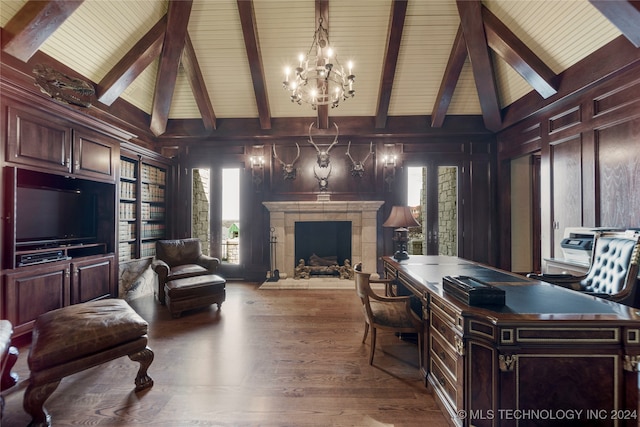 home office with beamed ceiling, hardwood / wood-style flooring, wood walls, high vaulted ceiling, and an inviting chandelier