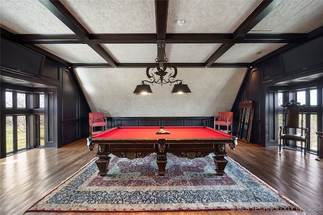 rec room with a textured ceiling, beamed ceiling, dark hardwood / wood-style floors, and billiards