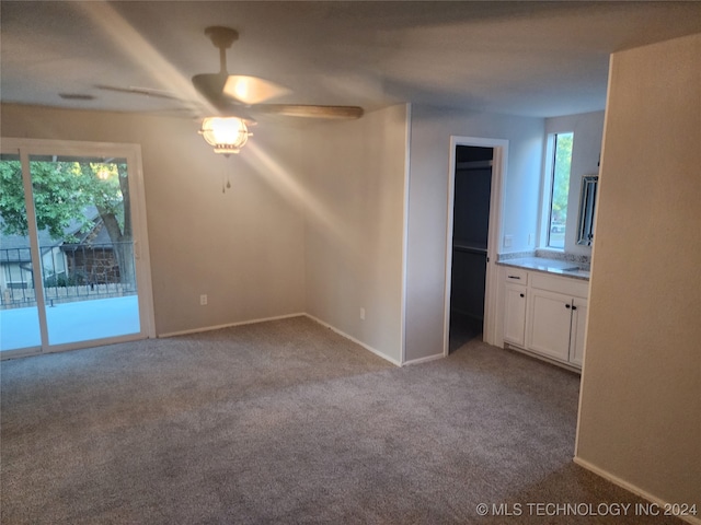 carpeted spare room featuring ceiling fan and plenty of natural light