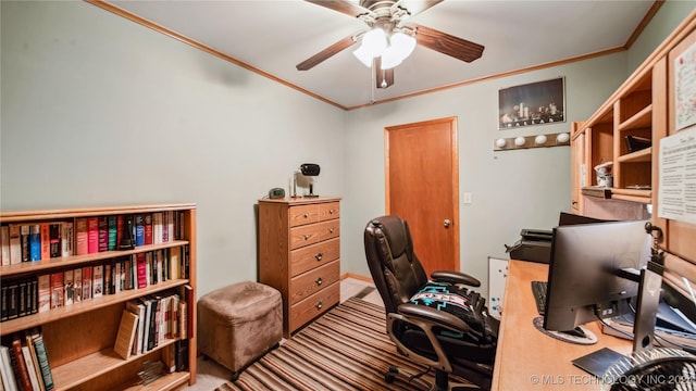 office area featuring ceiling fan and ornamental molding