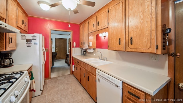 kitchen with ceiling fan, white appliances, and sink