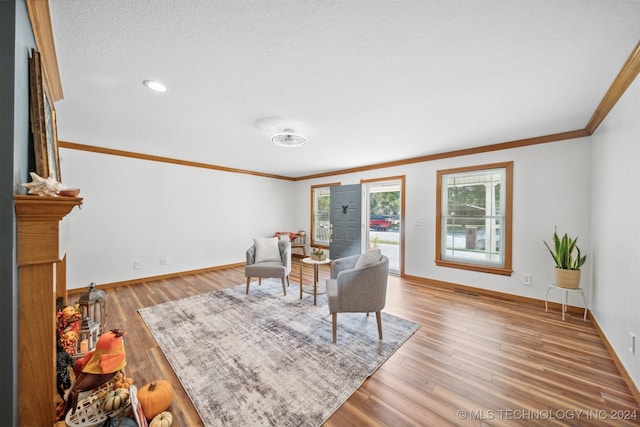 living area featuring a textured ceiling, light hardwood / wood-style flooring, and crown molding