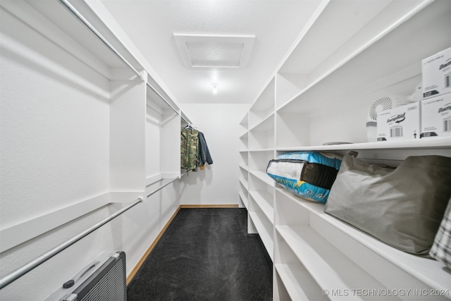 spacious closet featuring dark colored carpet