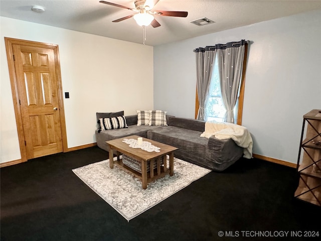 carpeted living room featuring ceiling fan