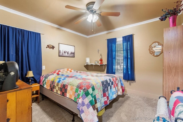 bedroom with light carpet, crown molding, and ceiling fan