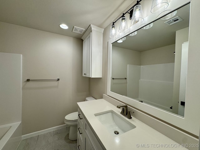 full bathroom with toilet, baseboards, visible vents, and a shower