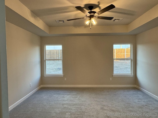 carpeted spare room with a raised ceiling, plenty of natural light, and ceiling fan