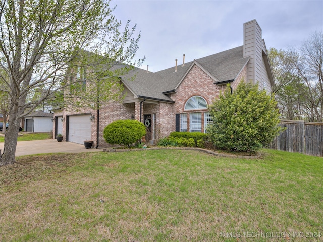 view of front of house with a garage and a front lawn