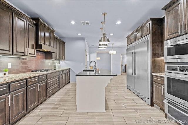 kitchen with visible vents, a sink, under cabinet range hood, backsplash, and built in appliances