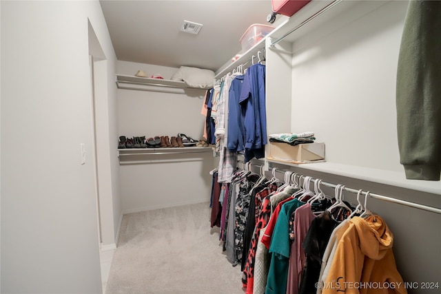 walk in closet with light colored carpet