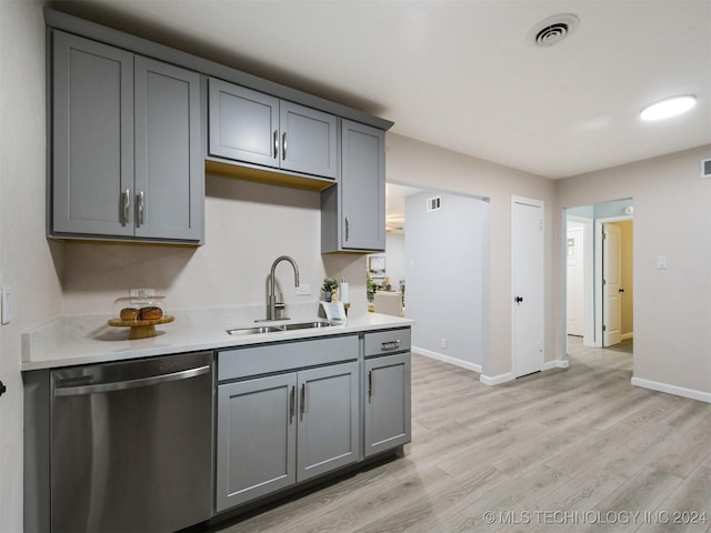 509 G St SW, Ardmore, OK 73401 - kitchen with a sink, visible vents, gray cabinetry, and dishwasher