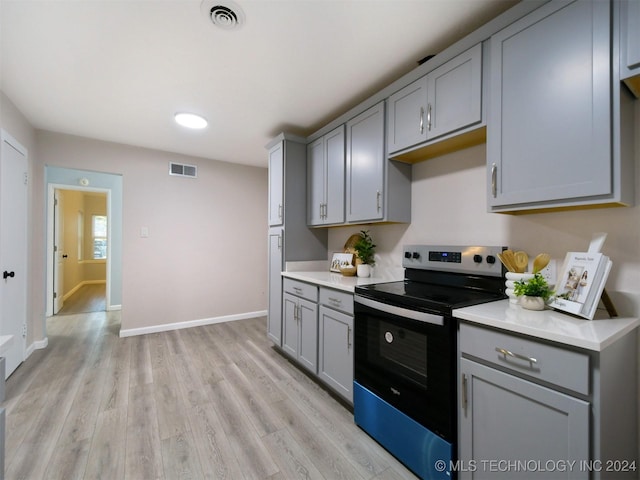 509 G St SW, Ardmore, OK 73401 - kitchen featuring gray cabinets, black range with electric cooktop, and visible vents