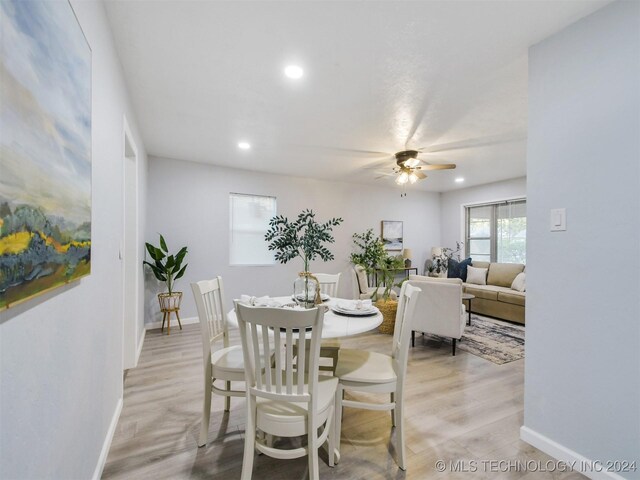 509 G St SW, Ardmore, OK 73401 - dining area featuring light wood-style floors, baseboards, ceiling fan, and recessed lighting