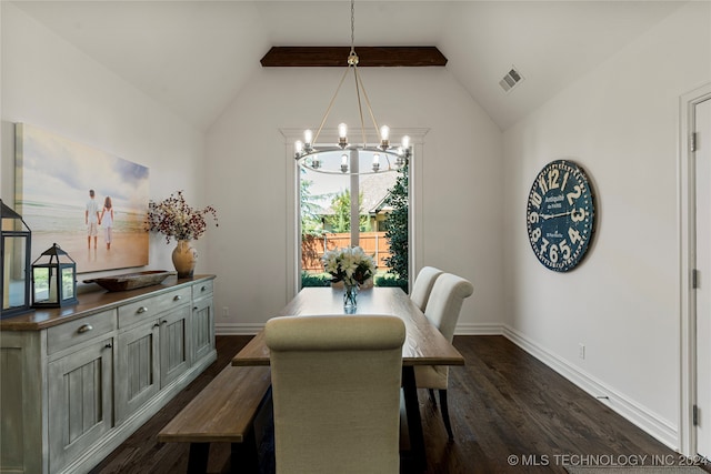 dining area with dark wood-type flooring, a notable chandelier, and vaulted ceiling with beams