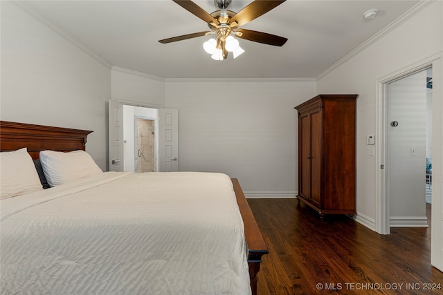 bedroom featuring crown molding, ceiling fan, and dark hardwood / wood-style flooring