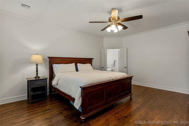 bedroom with crown molding, ceiling fan, and dark hardwood / wood-style flooring