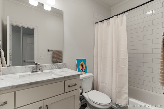 full bathroom featuring vanity, ornamental molding, shower / tub combo with curtain, and toilet