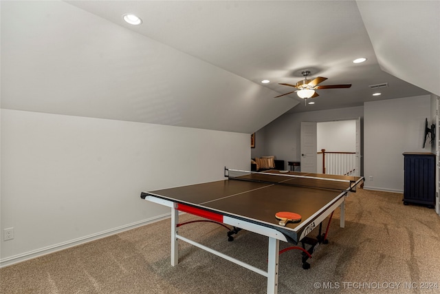 rec room featuring ceiling fan, carpet, and vaulted ceiling