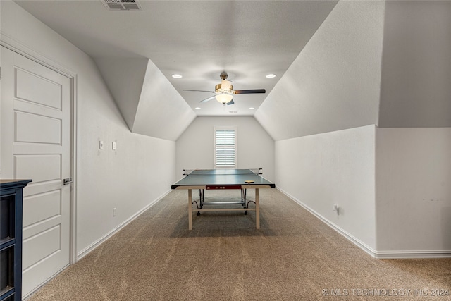 game room featuring ceiling fan, carpet, and vaulted ceiling