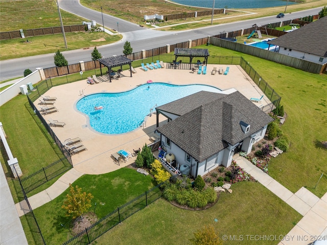 view of swimming pool featuring a gazebo, a yard, and a patio