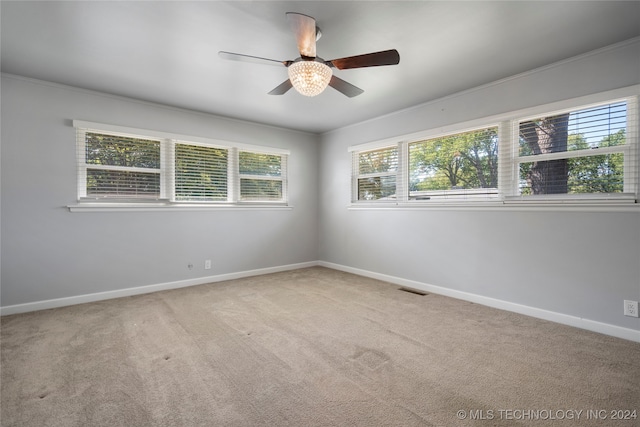 carpeted spare room with a healthy amount of sunlight, ornamental molding, and ceiling fan