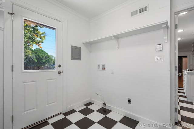 clothes washing area featuring crown molding, hookup for an electric dryer, and washer hookup