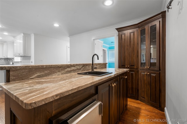 kitchen with dark brown cabinets, dark hardwood / wood-style floors, a kitchen island, and sink