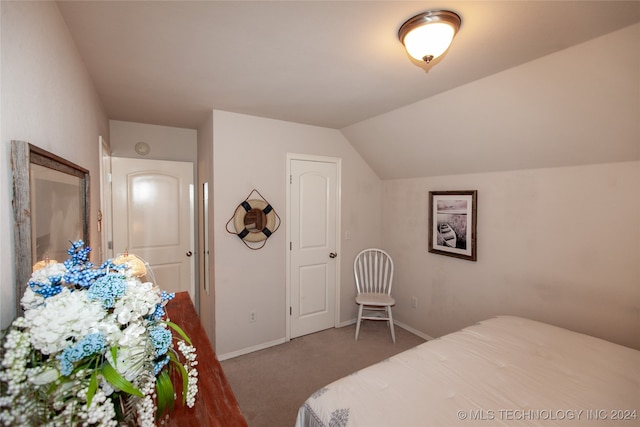 bedroom with vaulted ceiling and carpet