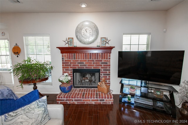 living room featuring wood-type flooring and a fireplace