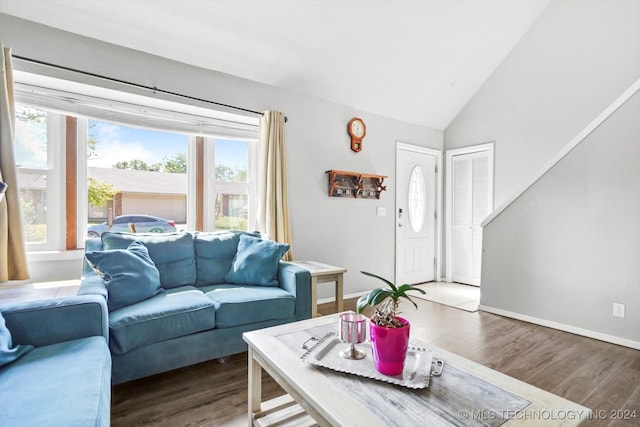 living room featuring lofted ceiling and wood-type flooring