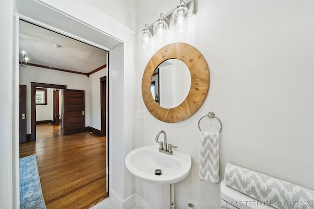 bathroom featuring ornamental molding, sink, and wood-type flooring