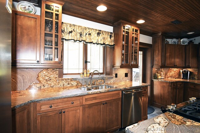 kitchen with wood ceiling, tasteful backsplash, stainless steel appliances, stone counters, and sink