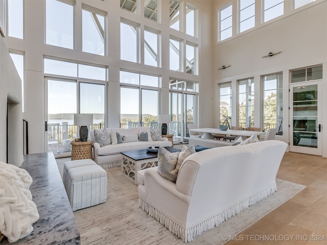 living room with a high ceiling and light hardwood / wood-style floors