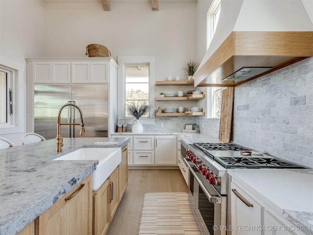 kitchen featuring sink, premium appliances, custom exhaust hood, light stone counters, and tasteful backsplash